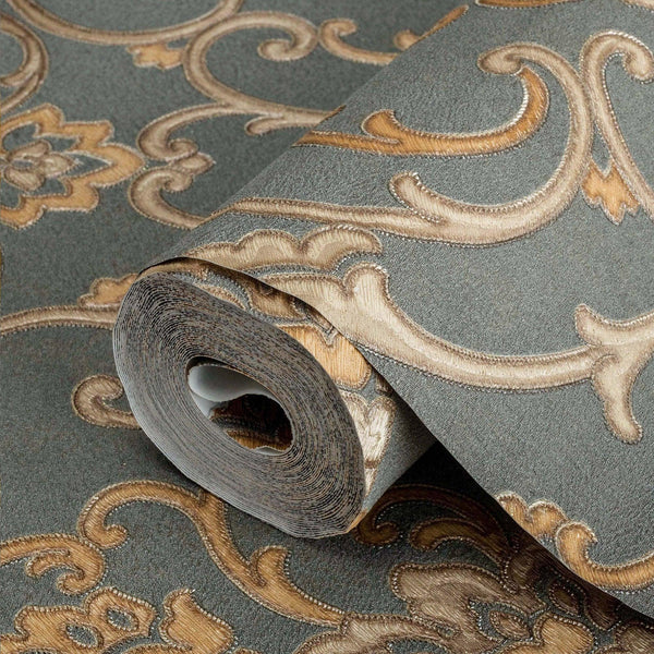 Luxury Gold Damask Textured 3D Embossed Wallpaper, Traditional Non-Woven Wall Covering, 41.7"W x 398"H, Washable Removable fo