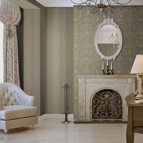 Luxury Gold Damask Textured 3D Embossed Wallpaper, Traditional Non-Woven Wall Covering, 41.7"W x 398"H, Washable Removable fo