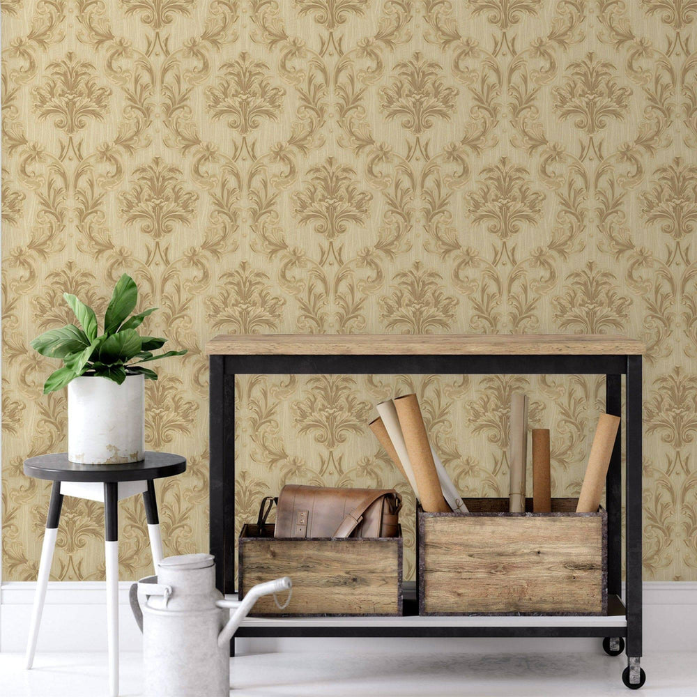 Luxury Beige Damask Floral 3D Embossed Wallpaper, Traditional Non-Woven Wall Covering, 41.7"W x 398"H, Washable Removable for