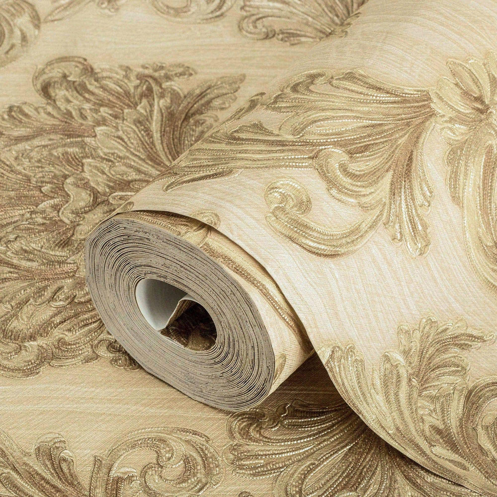 Luxury Beige Damask Floral 3D Embossed Wallpaper, Traditional Non-Woven Wall Covering, 41.7"W x 398"H, Washable Removable for