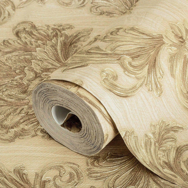 Luxury Beige Damask Floral 3D Embossed Wallpaper, Traditional Non-Woven Wall Covering, 41.7"W x 398"H, Washable Removable for