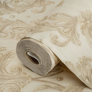 Luxury Cream Damask Floral 3D Embossed Wallpaper, Traditional Non-Woven Wall Covering, 41.7"W x 398"H, Washable Removable for