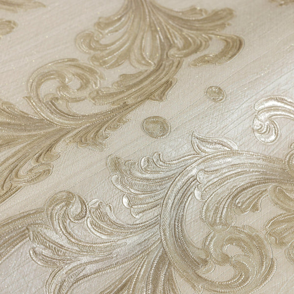 Luxury Cream Damask Floral 3D Embossed Wallpaper, Traditional Non-Woven Wall Covering, 41.7"W x 398"H, Washable Removable for