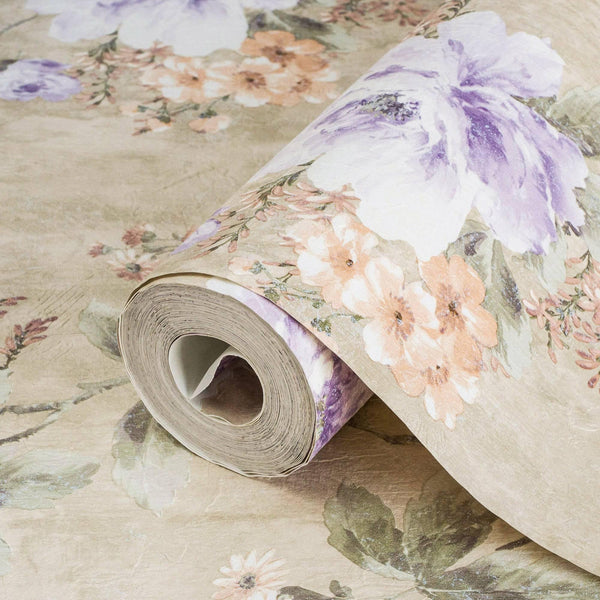 Luxury Beige Floral Textured Wallpaper, Traditional Non-Woven Wall Covering, 41.7"W x 398"H, Washable Removable for Living Ro