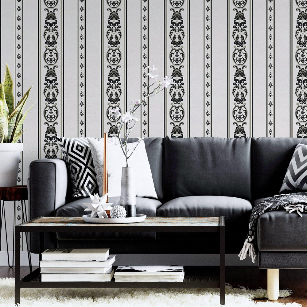 Luxury Black Striped Stripe 3D Embossed Wallpaper, Traditional Non-Woven Wall Covering, 41.7"W x 398"H, Washable Removable fo