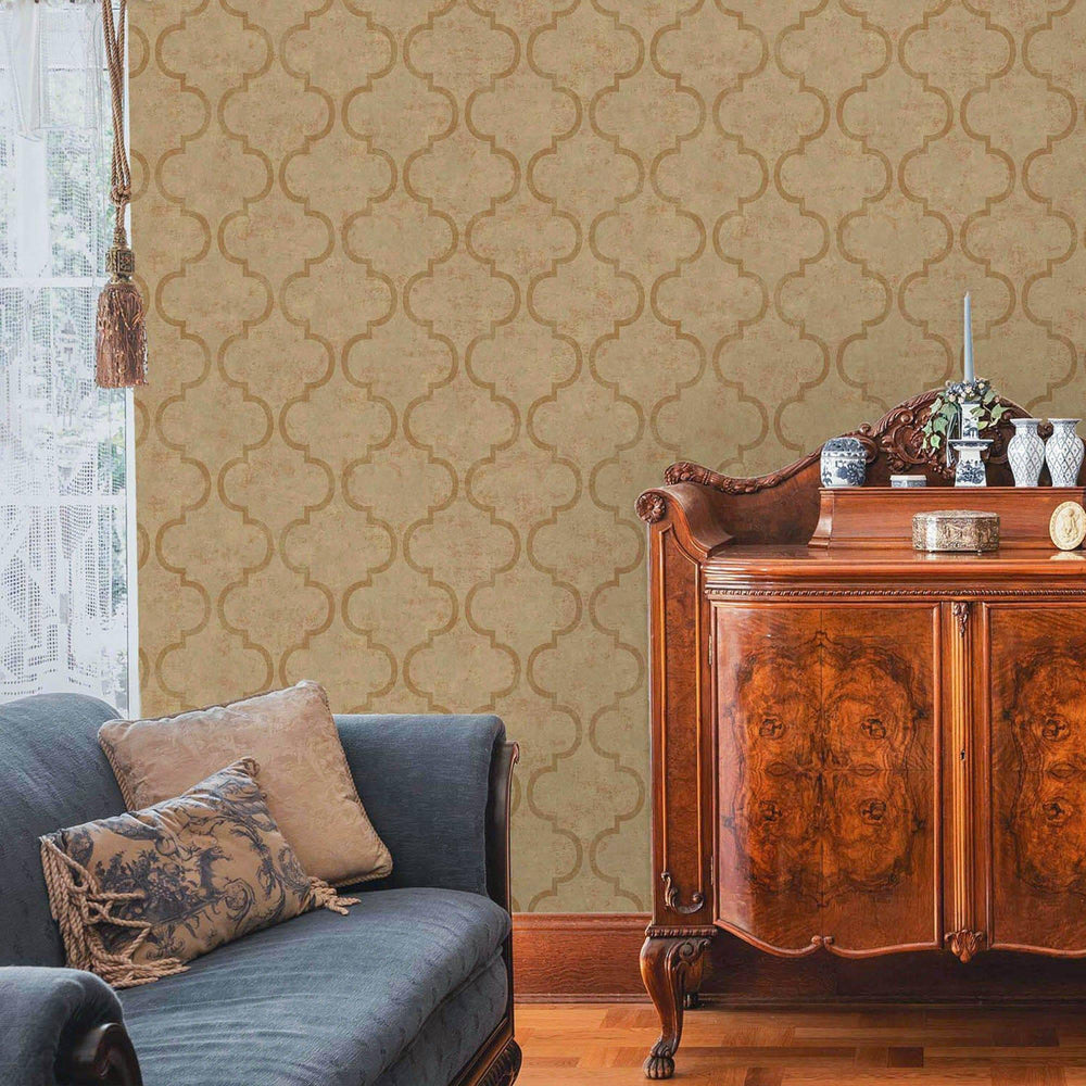 Luxury Gold Trellis Textured Wallpaper, Victorian Non-Woven Wall Covering, 41.7"W x 398"H, Washable Removable for Living Room