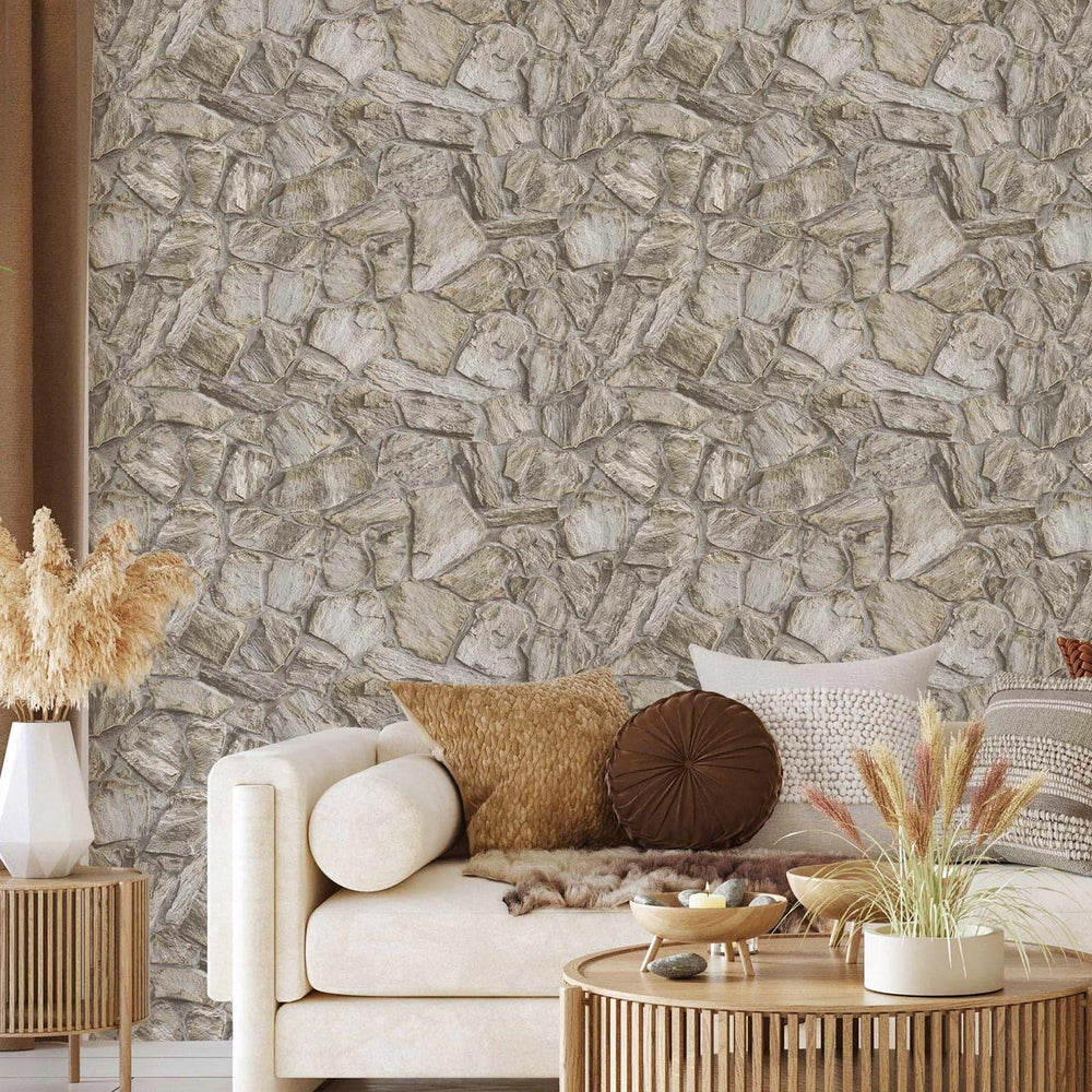 Luxury Beige Stone Textured Wallpaper, Boho Non-Woven Wall Covering, 41.7"W x 398"H, Washable Removable for Living Room Bedro