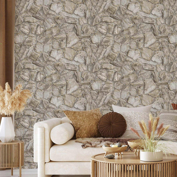 Luxury Beige Stone Textured Wallpaper, Boho Non-Woven Wall Covering, 41.7"W x 398"H, Washable Removable for Living Room Bedro