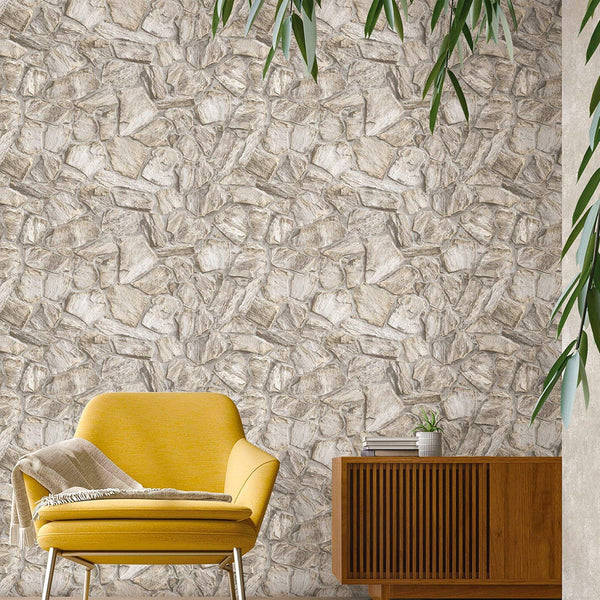 Luxury Beige Stone Textured Wallpaper, Boho Non-Woven Wall Covering, 41.7"W x 398"H, Washable Removable for Living Room Bedro