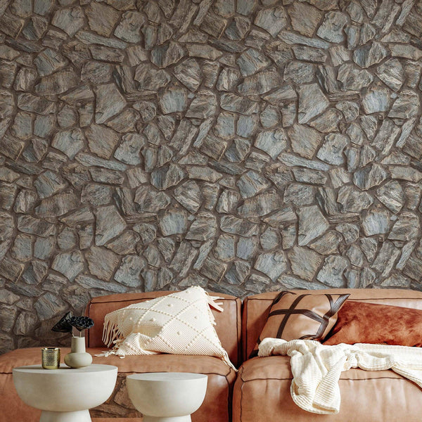 Luxury Brown Stone Textured Wallpaper, Industrial Non-Woven Wall Covering, 41.7"W x 398"H, Washable Removable for Living Room