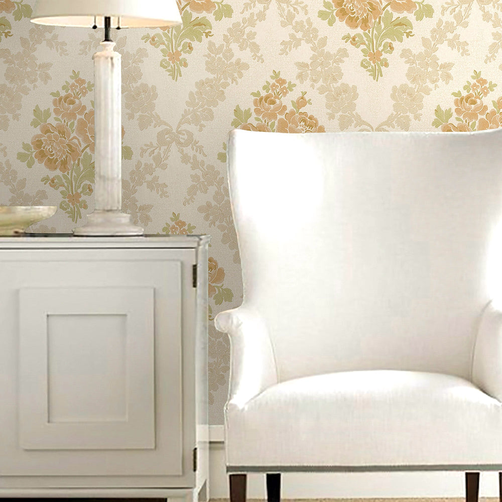 Luxury Cream Floral Textured Wallpaper, Traditional Non-Woven Wall Covering, 41.7"W x 614"H, Washable Removable for Living Ro