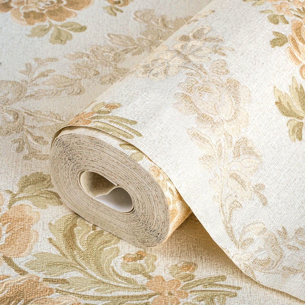 Luxury Cream Floral Textured Wallpaper, Traditional Non-Woven Wall Covering, 41.7"W x 614"H, Washable Removable for Living Ro