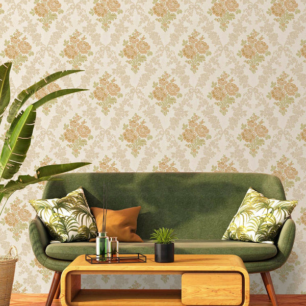 Luxury Cream Floral Textured Wallpaper, Traditional Non-Woven Wall Covering, 41.7"W x 614"H, Washable Removable for Living Ro
