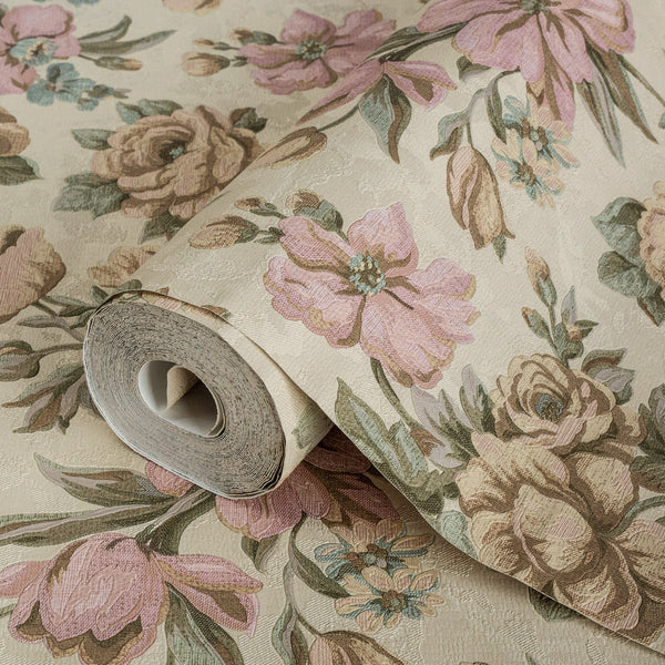 Luxury Cream Floral Textured Wallpaper, Boho Non-Woven Wall Covering, 41.7"W x 614"H, Washable Removable for Living Room Bedr