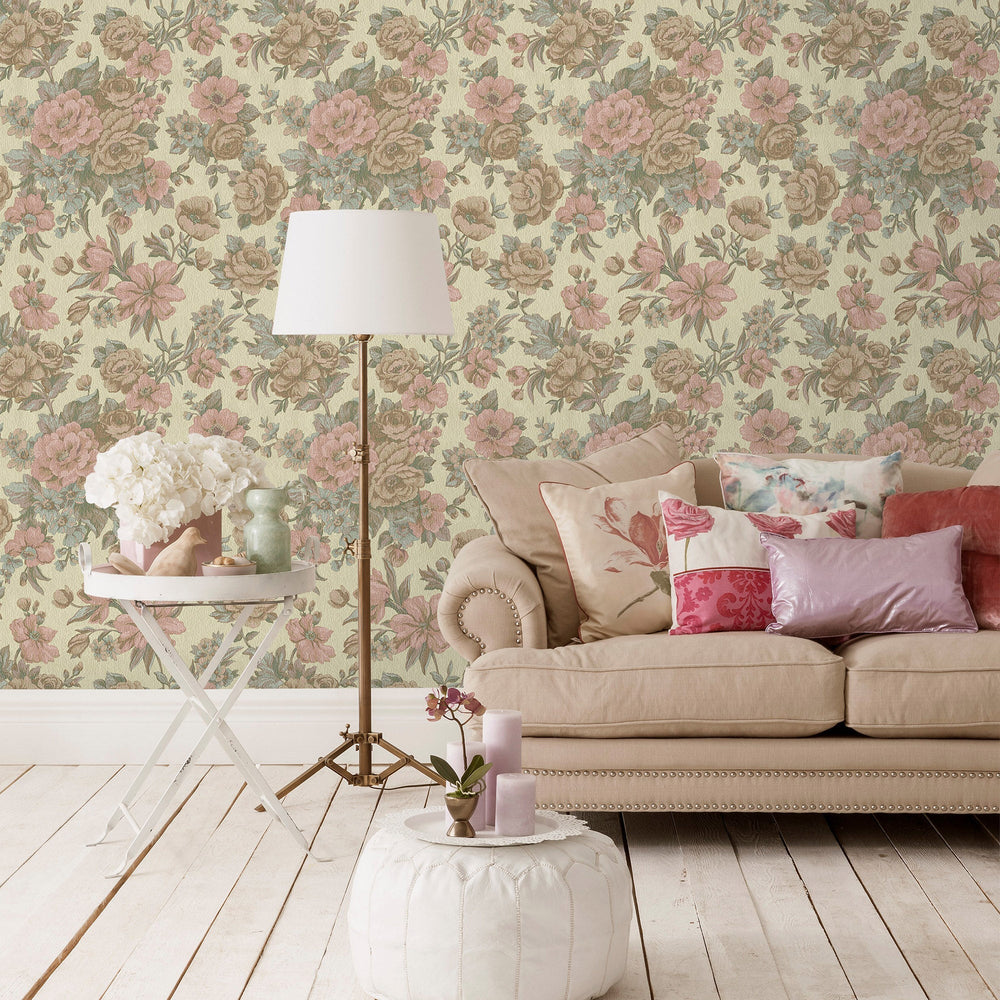 Luxury Cream Floral Textured Wallpaper, Boho Non-Woven Wall Covering, 41.7"W x 614"H, Washable Removable for Living Room Bedr