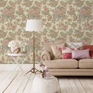 Luxury Cream Floral Textured Wallpaper, Boho Non-Woven Wall Covering, 41.7"W x 614"H, Washable Removable for Living Room Bedr