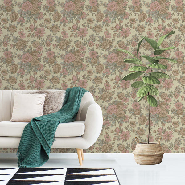 Luxury Cream Floral Textured Wallpaper, Boho Non-Woven Wall Covering, 41.7"W x 614"H, Washable Removable for Living Room Bedr