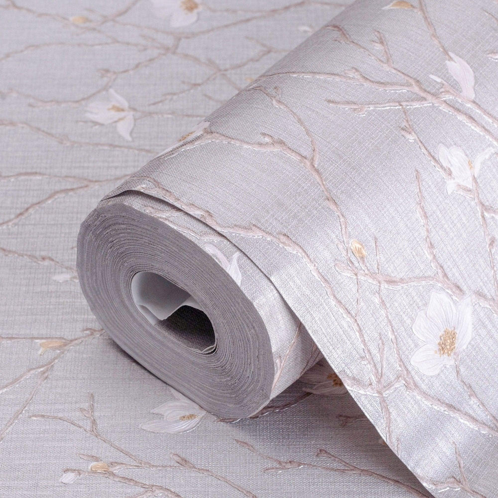 Luxury Gray Floral Chinoiserie Wallpaper, Premium Non-Woven Wall Covering, 41.7"W x 398"H, Washable Removable for Living Room