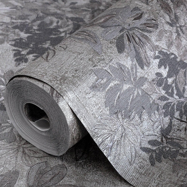 Luxury Gray Floral Leaves 3D Embossed Wallpaper, Elegant Non-Woven Wall Covering, 41.7"W x 614"H, Washable Removable for Livi