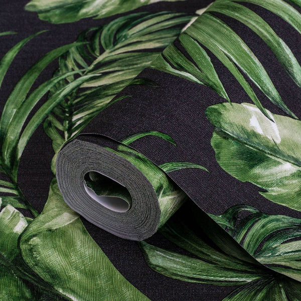 Luxury Black Leaves Textured Wallpaper, Coastal Non-Woven Wall Covering, 41.7"W x 398"H, Washable Removable for Living Room B