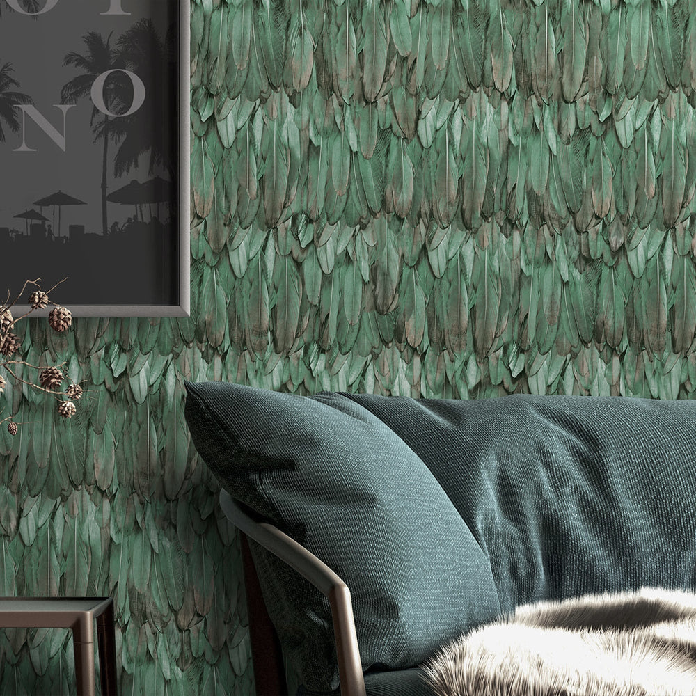 Luxury Green Bird Birds 3D Embossed Wallpaper, Traditional Non-Woven Wall Covering, 41.7"W x 614"H, Washable Removable for Li