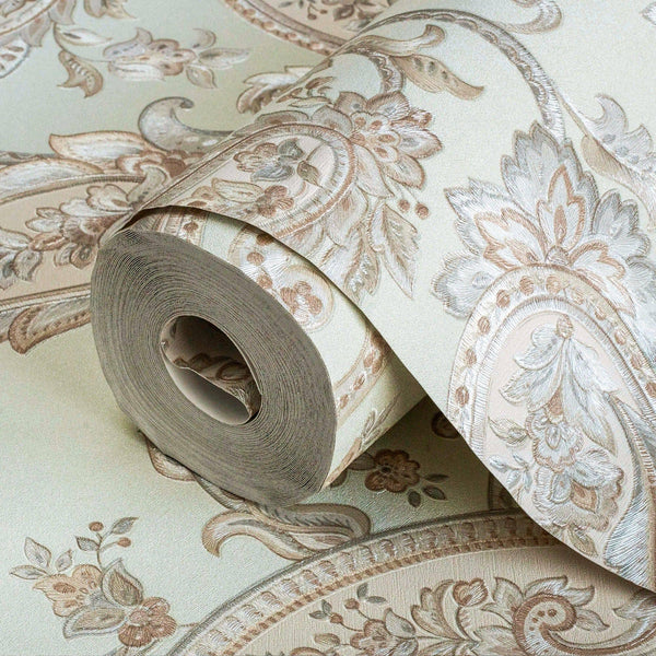 Luxury Green Paisley Textured Wallpaper, Victorian Non-Woven Wall Covering, 41.7"W x 614"H, Washable Removable for Living Roo