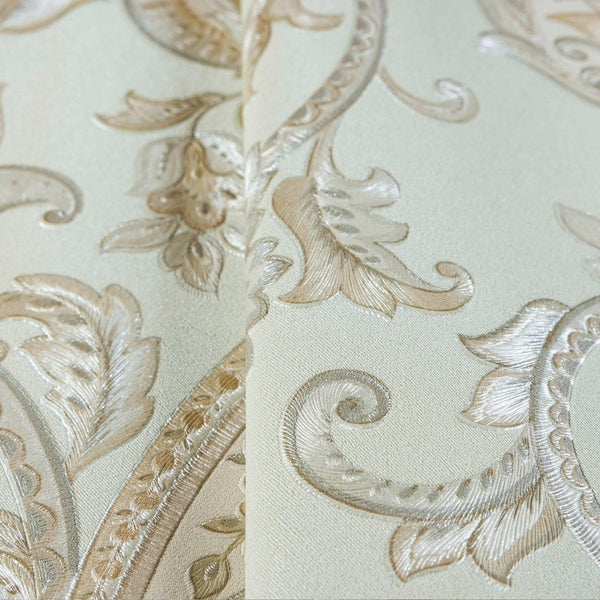 Luxury Green Paisley Textured Wallpaper, Victorian Non-Woven Wall Covering, 41.7"W x 614"H, Washable Removable for Living Roo