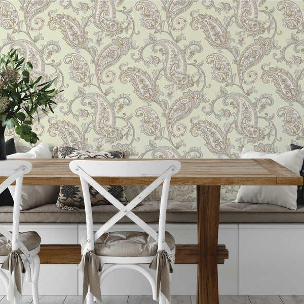 Luxury Green Paisley Textured Wallpaper, Victorian Non-Woven Wall Covering, 41.7"W x 614"H, Washable Removable for Living Roo