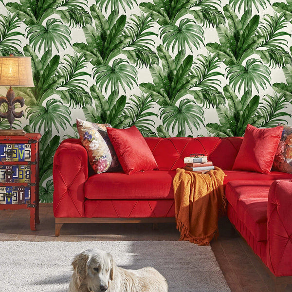 Luxury Green Leaves Textured Wallpaper, Coastal Non-Woven Wall Covering, 41.7"W x 398"H, Washable Removable for Living Room B
