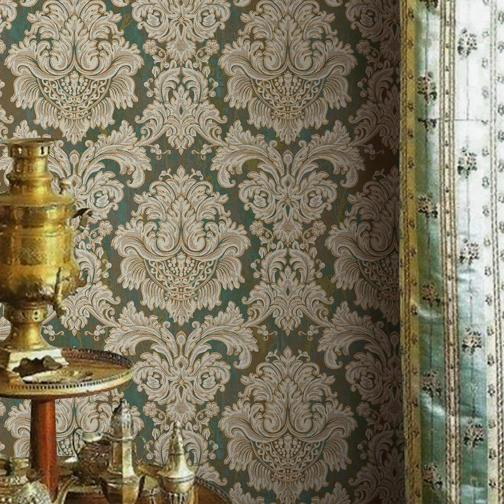 Luxury Green Damask Embossed 3D Embossed Wallpaper, Country Non-Woven Wall Covering, 41.7"W x 398"H, Washable Removable for L