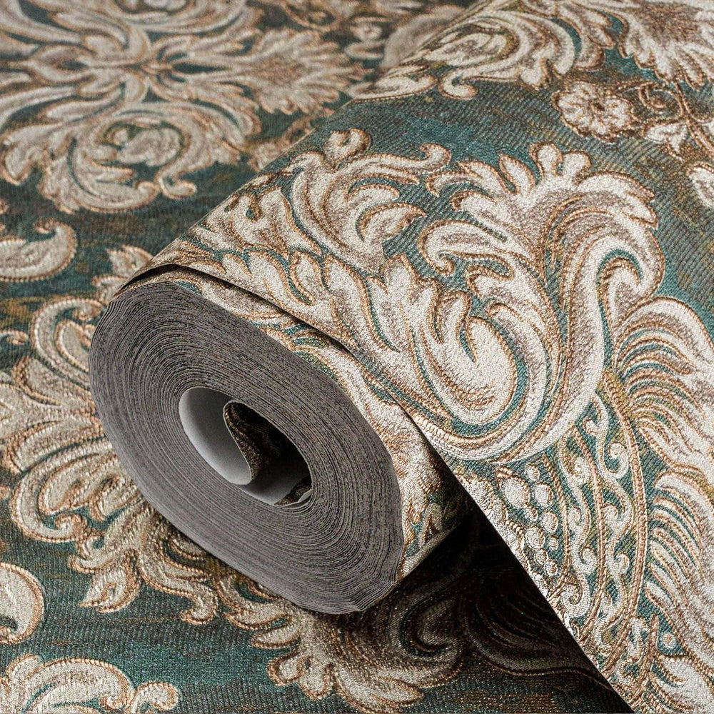 Luxury Green Damask Embossed 3D Embossed Wallpaper, Country Non-Woven Wall Covering, 41.7"W x 398"H, Washable Removable for L