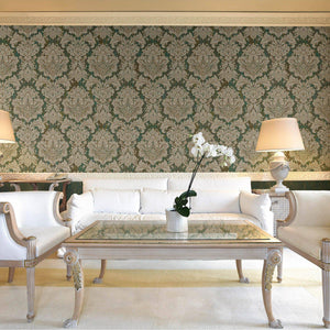 Luxury Green Damask Embossed 3D Embossed Wallpaper, Country Non-Woven Wall Covering, 41.7"W x 398"H, Washable Removable for L