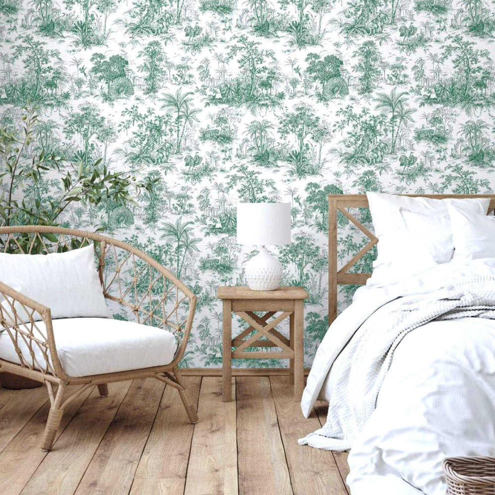 Luxury Green Toile Tropical Textured Wallpaper, Victorian Non-Woven Wall Covering, 41.7"W x 614"H, Washable Removable for Liv