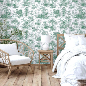 Luxury Green Toile Tropical Textured Wallpaper, Victorian Non-Woven Wall Covering, 41.7"W x 614"H, Washable Removable for Liv
