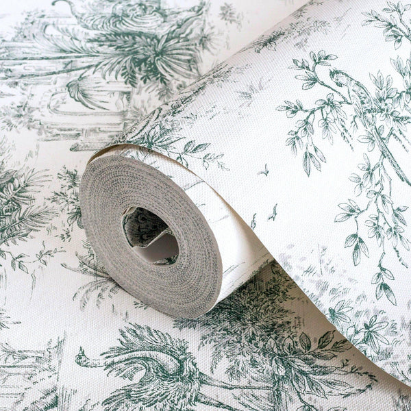 Luxury Green Toile Tropical Textured Wallpaper, Victorian Non-Woven Wall Covering, 41.7"W x 614"H, Washable Removable for Liv