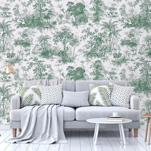 Luxury Green Toile Tropical Textured Wallpaper, Victorian Non-Woven Wall Covering, 41.7"W x 614"H, Washable Removable for Liv