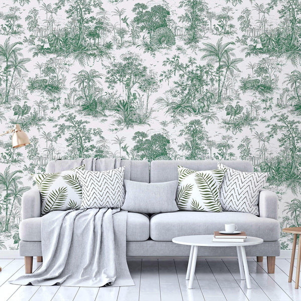 Luxury Green Toile Tropical Textured Wallpaper, Victorian Non-Woven Wall Covering, 41.7"W x 614"H, Washable Removable for Liv