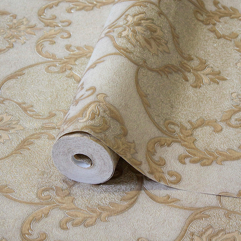 Luxury Beige Damask Textured 3D Embossed Wallpaper, Traditional Non-Woven Wall Covering, 41.7"W x 398"H, Washable Removable f