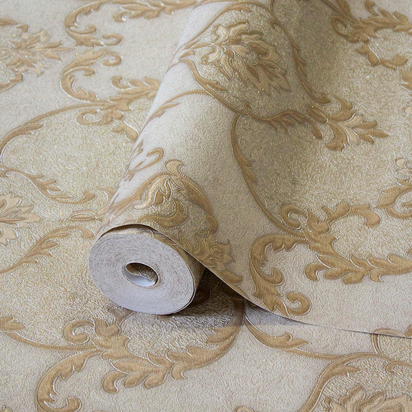 Luxury Beige Damask Textured 3D Embossed Wallpaper, Traditional Non-Woven Wall Covering, 41.7"W x 398"H, Washable Removable f