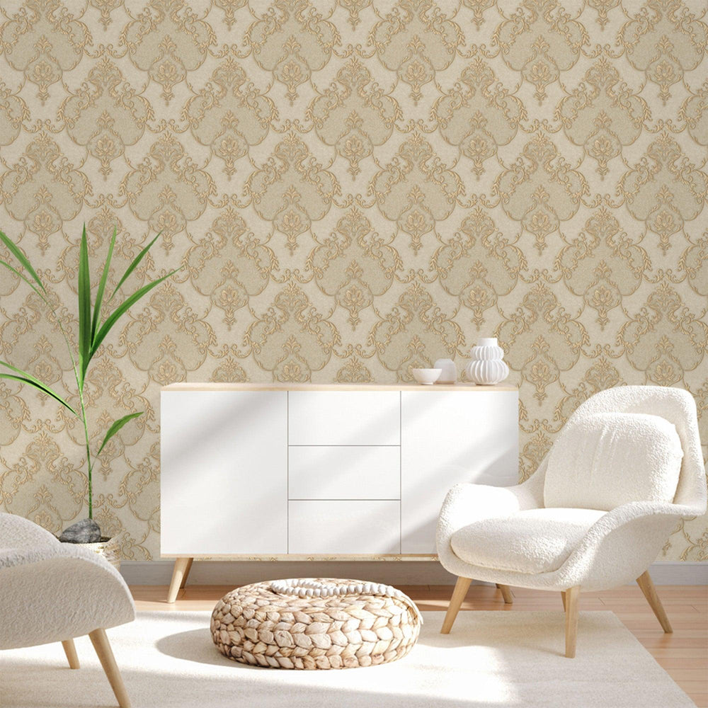 Luxury Beige Damask Textured 3D Embossed Wallpaper, Traditional Non-Woven Wall Covering, 41.7"W x 398"H, Washable Removable f