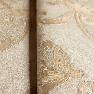 Luxury Beige Damask Textured 3D Embossed Wallpaper, Traditional Non-Woven Wall Covering, 41.7"W x 398"H, Washable Removable f