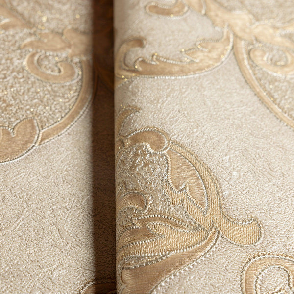 Luxury Beige Damask Textured 3D Embossed Wallpaper, Traditional Non-Woven Wall Covering, 41.7"W x 398"H, Washable Removable f