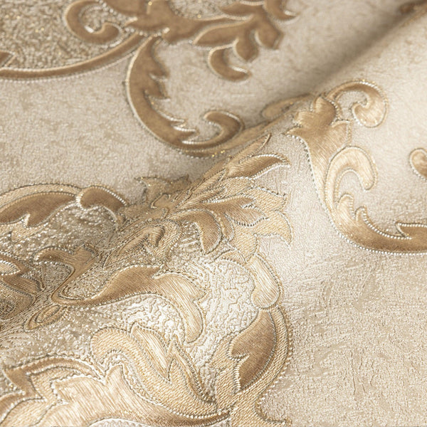 Luxury Beige Damask Textured 3D Embossed Wallpaper, Traditional Non-Woven Wall Covering, 41.7"W x 398"H, Washable Removable f
