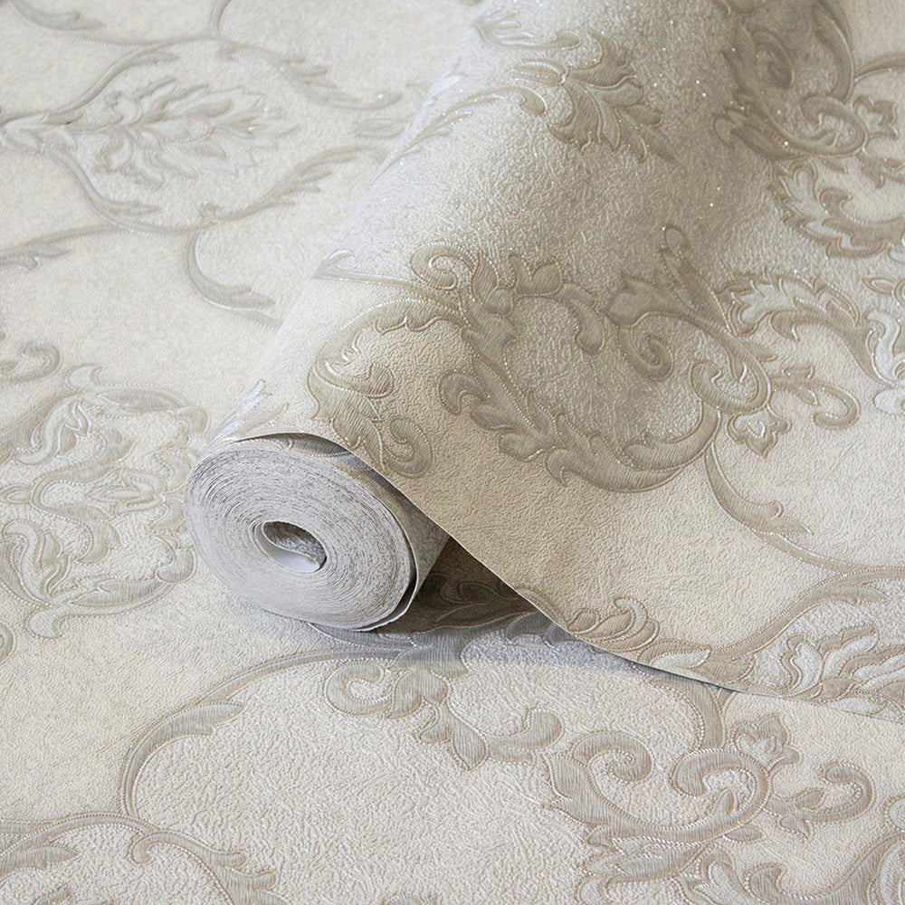 Luxury Gray Damask Textured 3D Embossed Wallpaper, Glam Non-Woven Wall Covering, 41.7"W x 398"H, Washable Removable for Livin