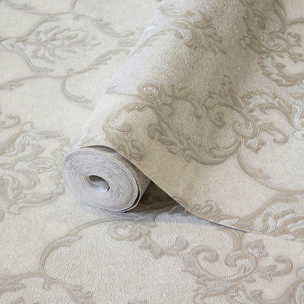 Luxury Gray Damask Textured 3D Embossed Wallpaper, Glam Non-Woven Wall Covering, 41.7"W x 398"H, Washable Removable for Livin