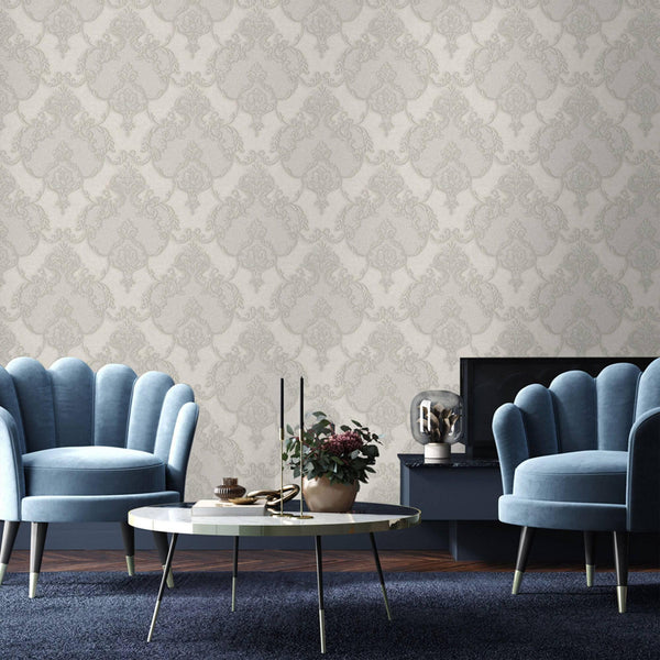 Luxury Gray Damask Textured 3D Embossed Wallpaper, Glam Non-Woven Wall Covering, 41.7"W x 398"H, Washable Removable for Livin