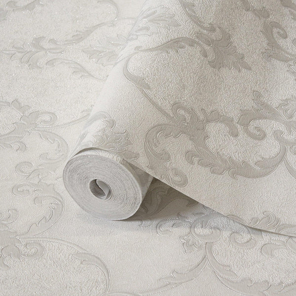Luxury Silver Damask Textured 3D Embossed Wallpaper, Glam Non-Woven Wall Covering, 41.7"W x 398"H, Washable Removable for Liv