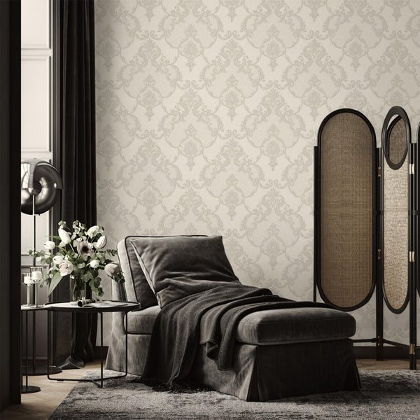 Luxury Silver Damask Textured 3D Embossed Wallpaper, Glam Non-Woven Wall Covering, 41.7"W x 398"H, Washable Removable for Liv