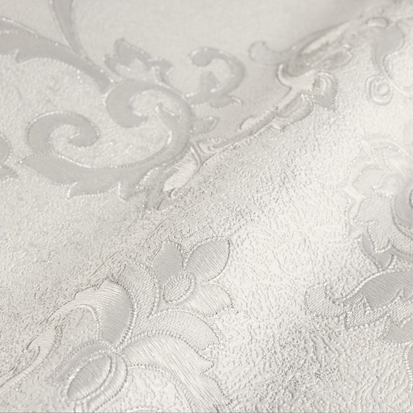 Luxury Silver Damask Textured 3D Embossed Wallpaper, Glam Non-Woven Wall Covering, 41.7"W x 398"H, Washable Removable for Liv