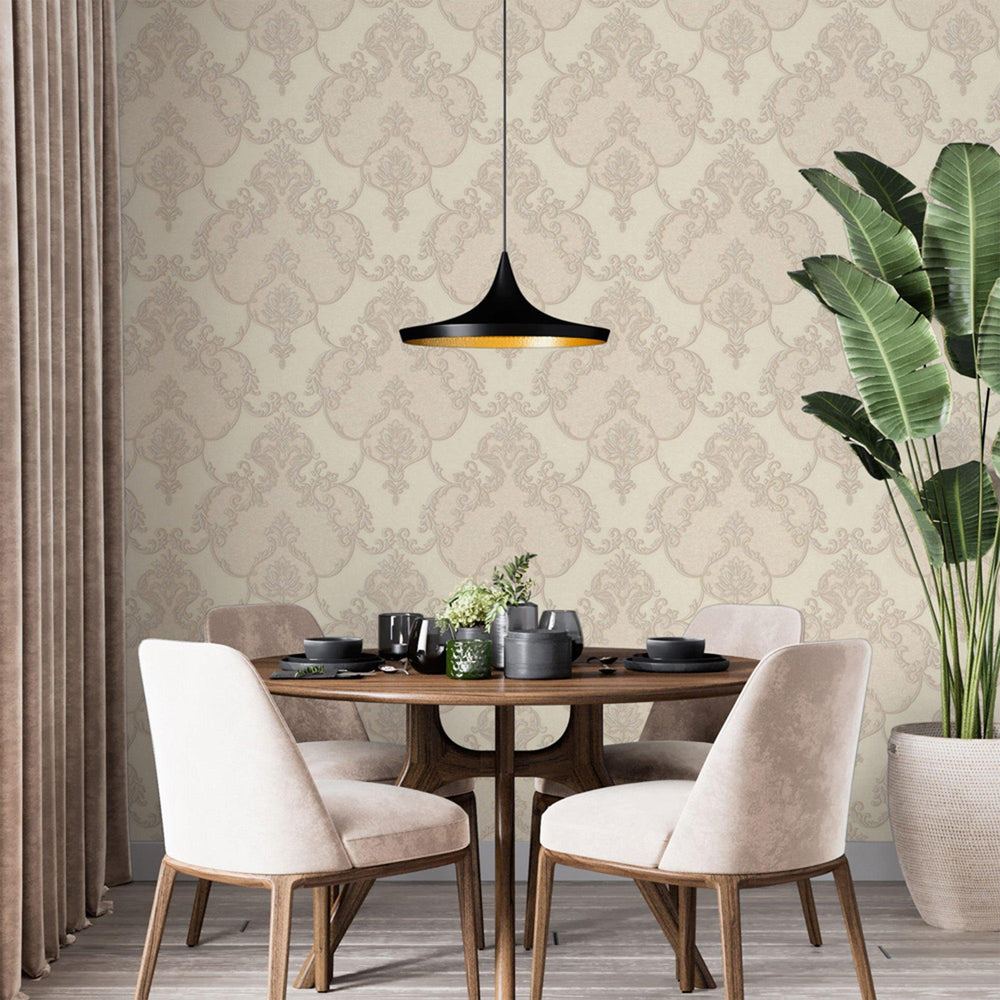 Luxury Cream Damask Embossed 3D Embossed Wallpaper, Boho Non-Woven Wall Covering, 41.7"W x 398"H, Washable Removable for Livi